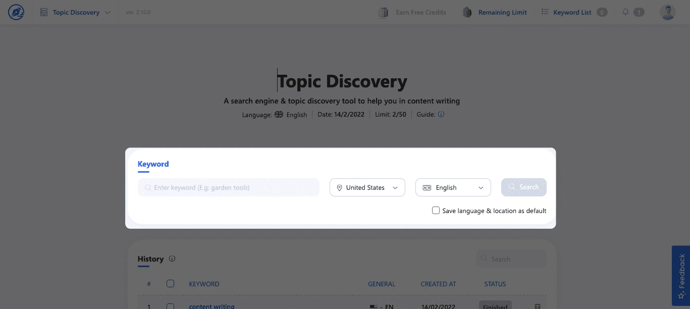 Enter seed keyword in Topic Discovery